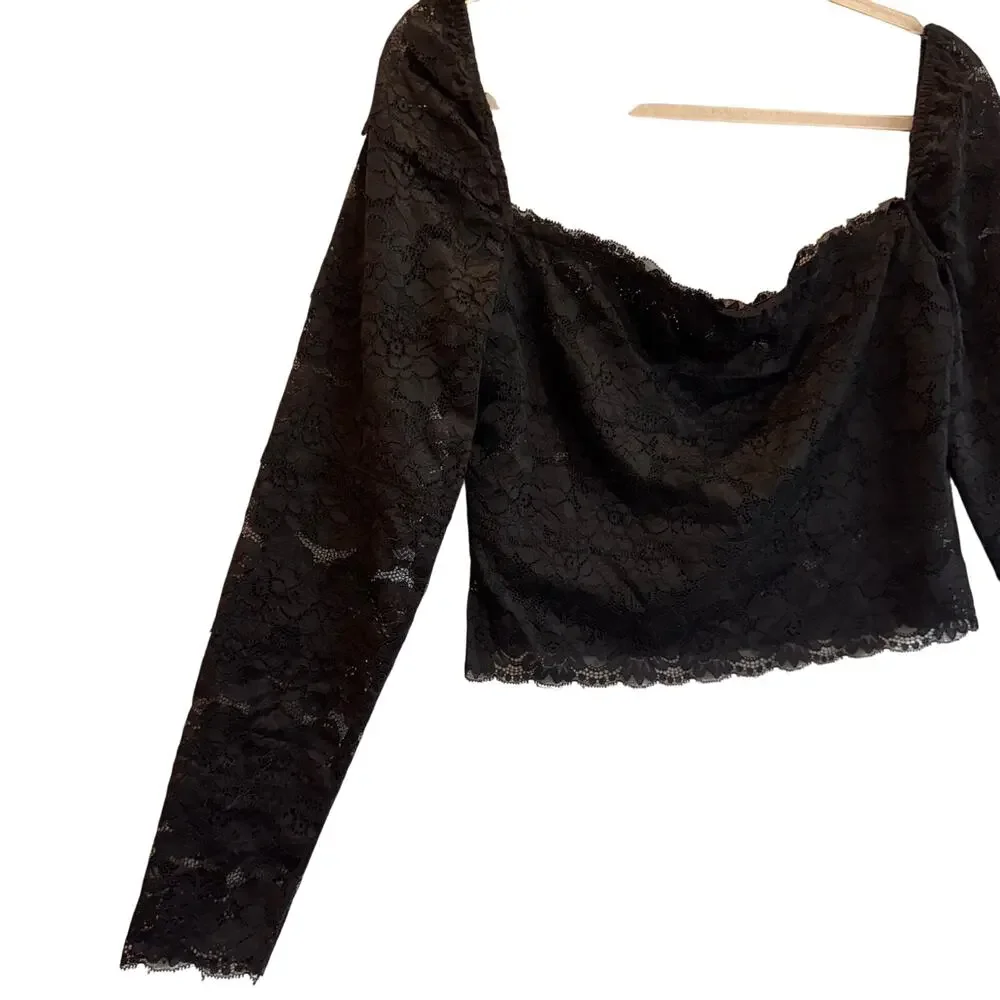 Guess Black lace off-shoulder top dark boho coquette romantic night-out L - Picture 2 of 6